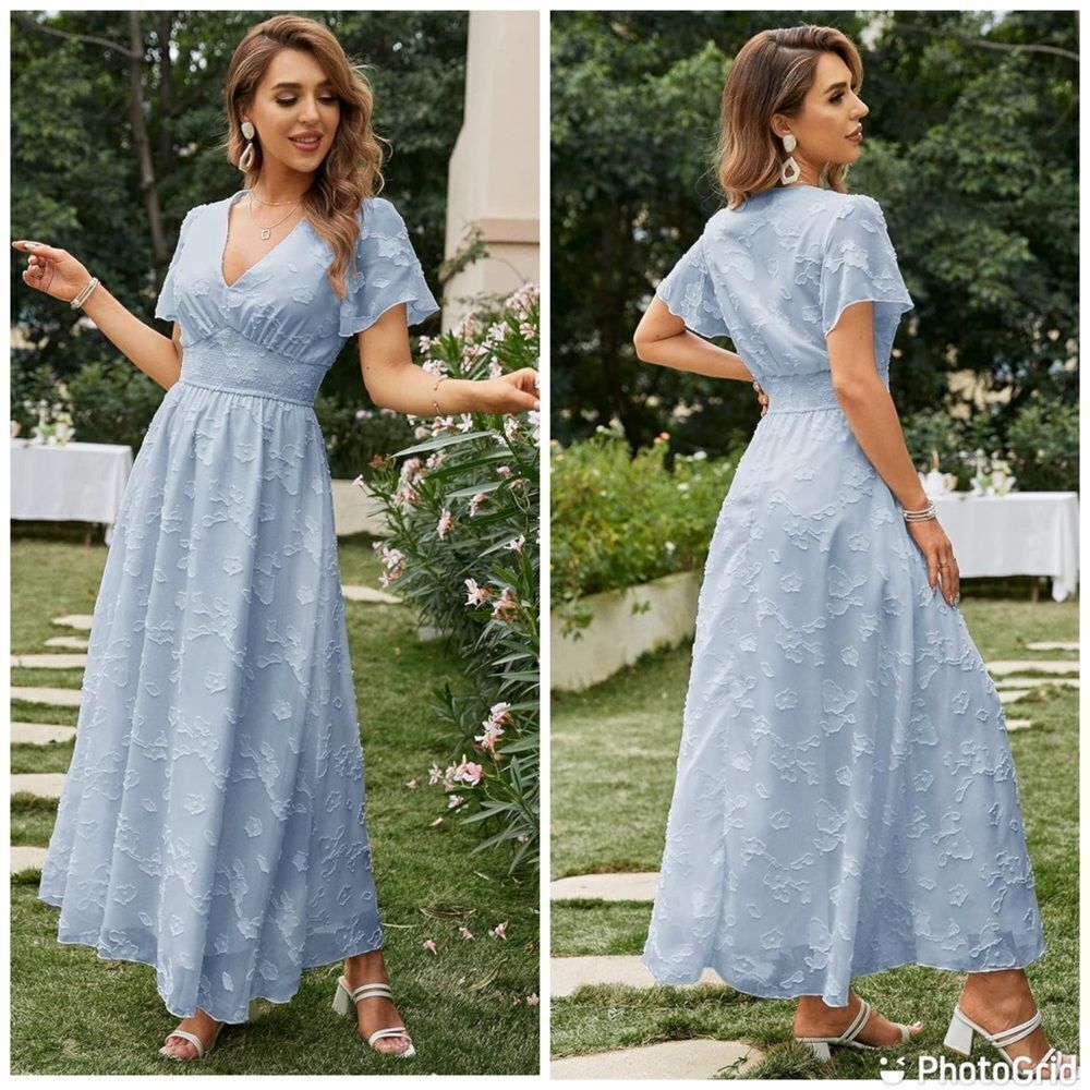 Simplee Boho Floral V Neck Formal Maxi Ruffle Flowy Bridesmaid Wedding Dress